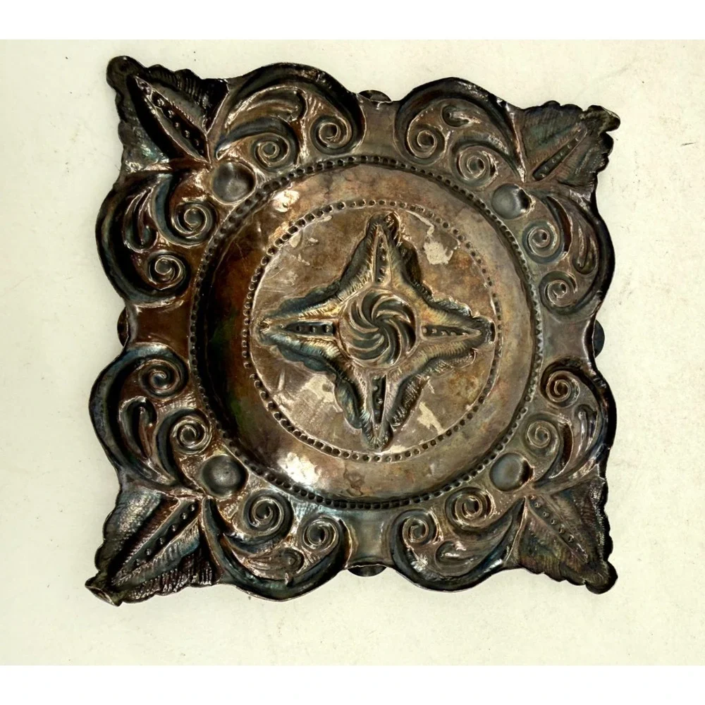 Vintage Handcrafted Metal Ashtray Ornate Embossed Floral Square‎ Rustic 5.25